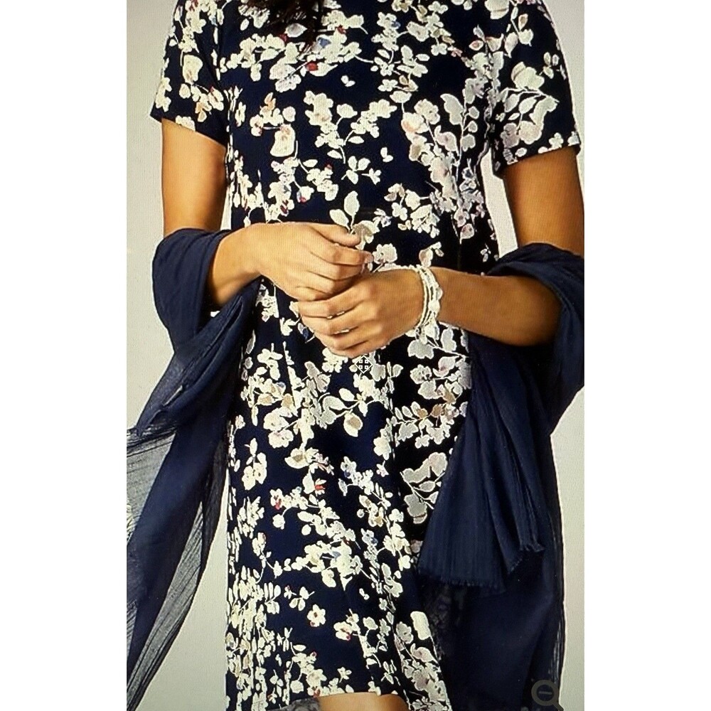 J JILL Wearever Collection Perfect T-Shirt Dress Large Navy Blue Waterfloral